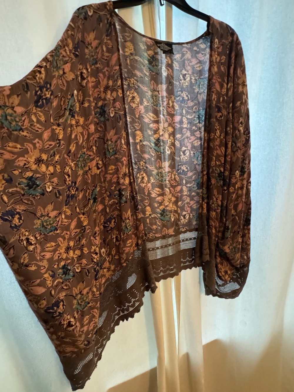 Floral Lace Trim Open Kimono Cardigan - Mauve with Multicolor Floral